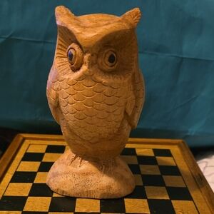 Carved Wooden Owl Statue - Natural Brown